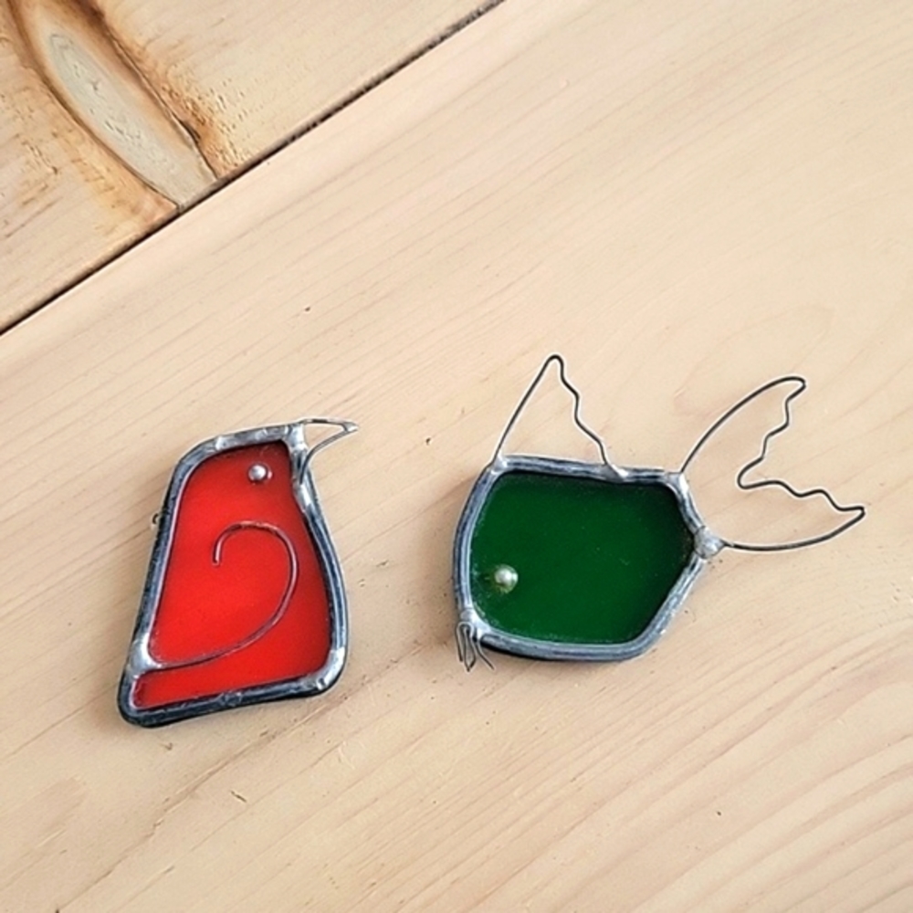 Vintage Stained Glass Bird & Fish